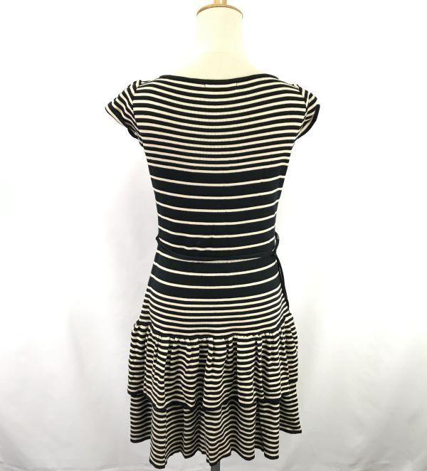 Made In Japan Rene Frill Mini Dress S 36 Short Sleeve Black×Beige Striped Stretch(USED)