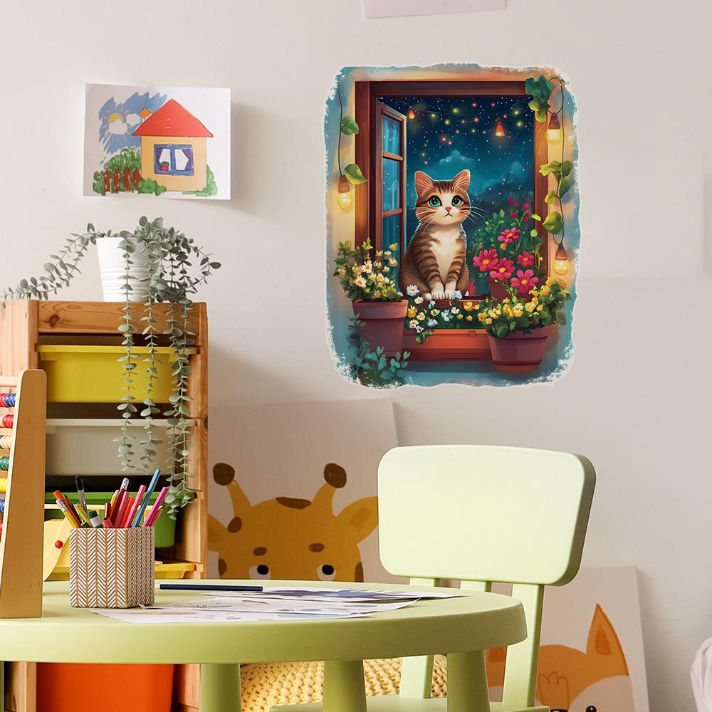 Creative False Window Cat Beautiful Starry Sky Bedroom Living Room Home Background Beautification and Decoration Wall Stickers
