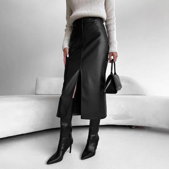 Jupe Rétro Automne Hiver Faux Cuir Jupe Taille Haute avec Fentes Latérales Couleur Unie Coupe-vent Jupe Midi