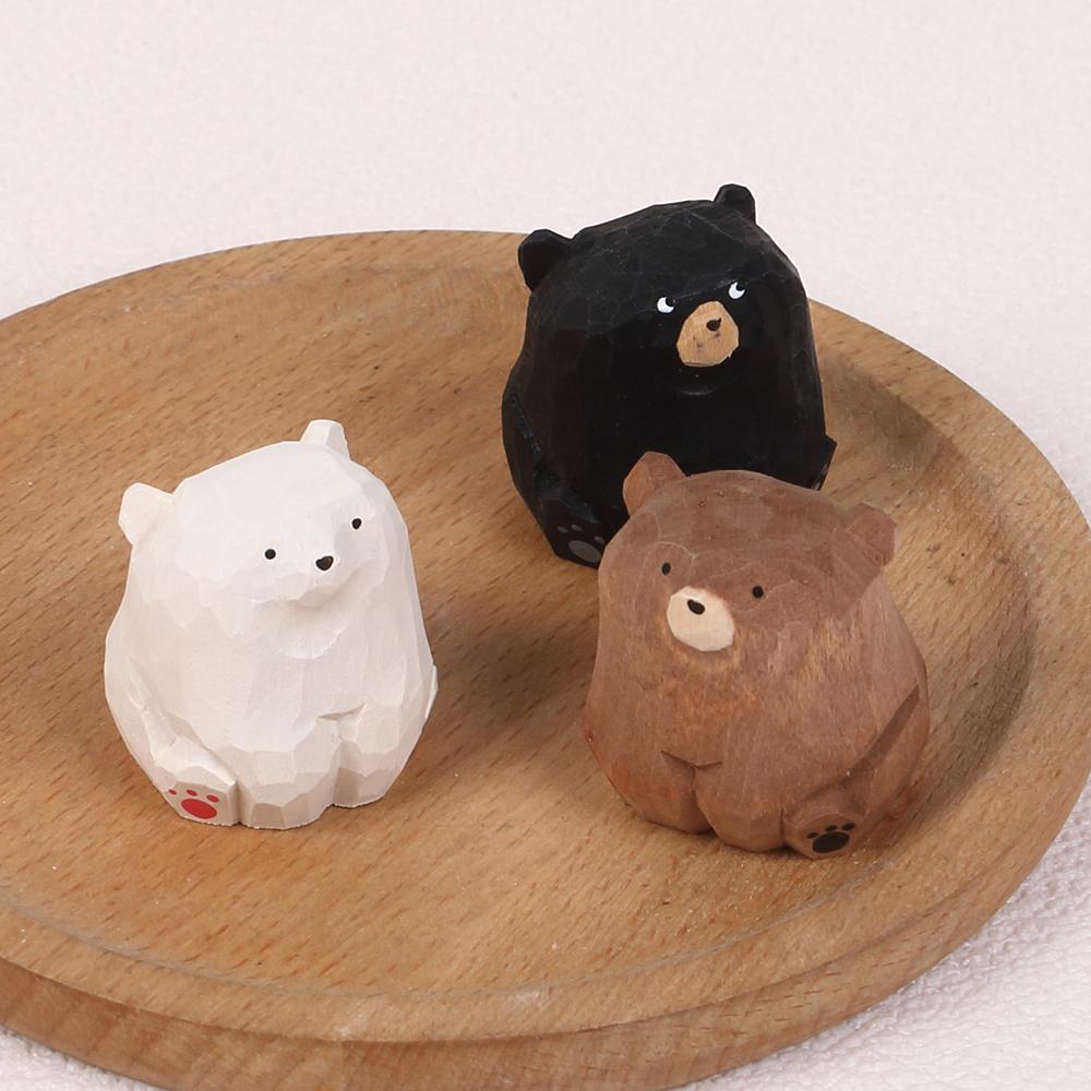 Mini Wooden Bear Figurine Handcrafted Miniature Polar Bear Animal Figurines Office Home Decor Art Carving Work