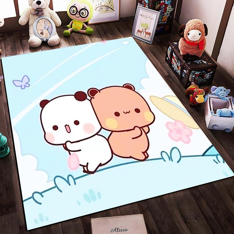 Cute Cartoon Panda and Bear Design Carpet with Butterflies and Sky Background Suitable for Use As an Anti-slip1 For1room and Bedroom Sofas