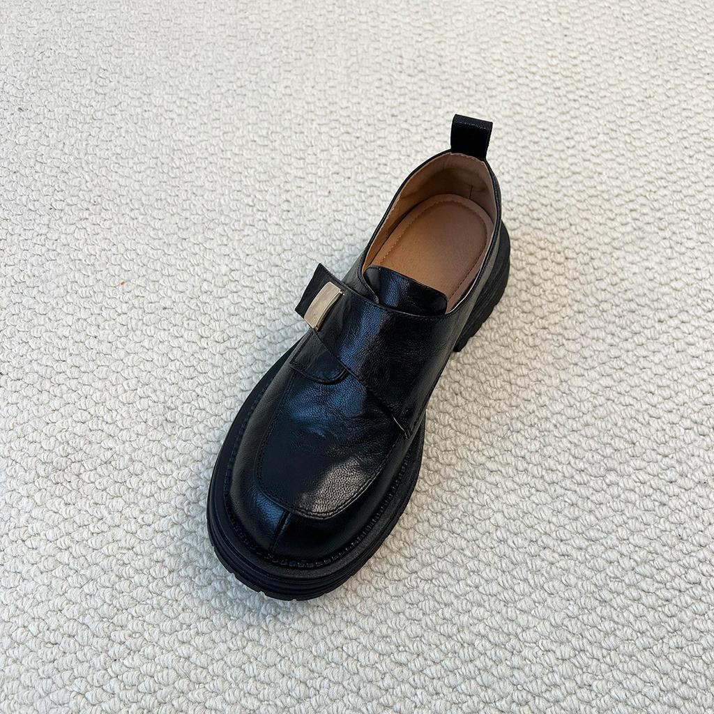 Sheepskin version~ thick-soled Velcro leather loafers women's British style thick heel deep mouth single shoes black jk small leather shoes