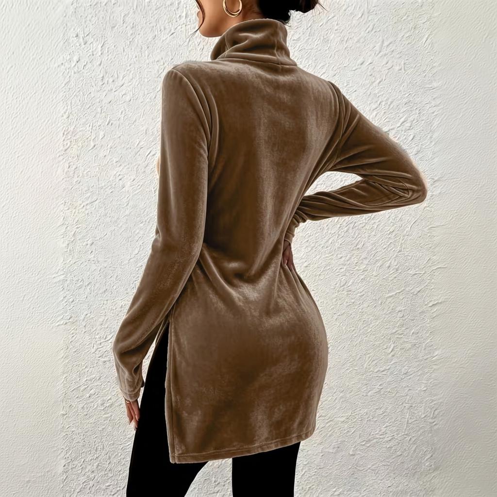 Women's Fashion Velvet Turtleneck Pullover Slim Fit with Side Slit Elegant Top for Everyday Wear