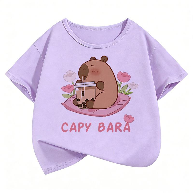 Kawaii Capybara Kids Tshirts Summer Short Sleeve Tees Cartoon Animal Boys Girls Clothes Kawaii Tops Y2K Children T-shirt