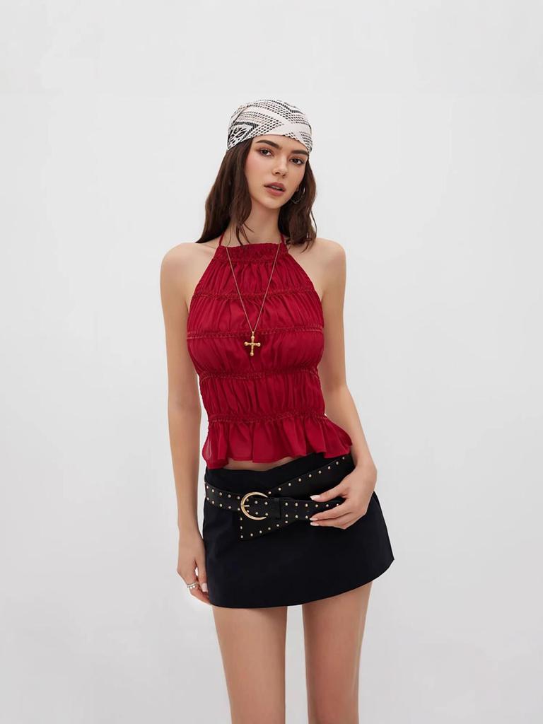 2026 Summer Solid Color Pleated Halter Neck Women's Open Back Lace-up Top