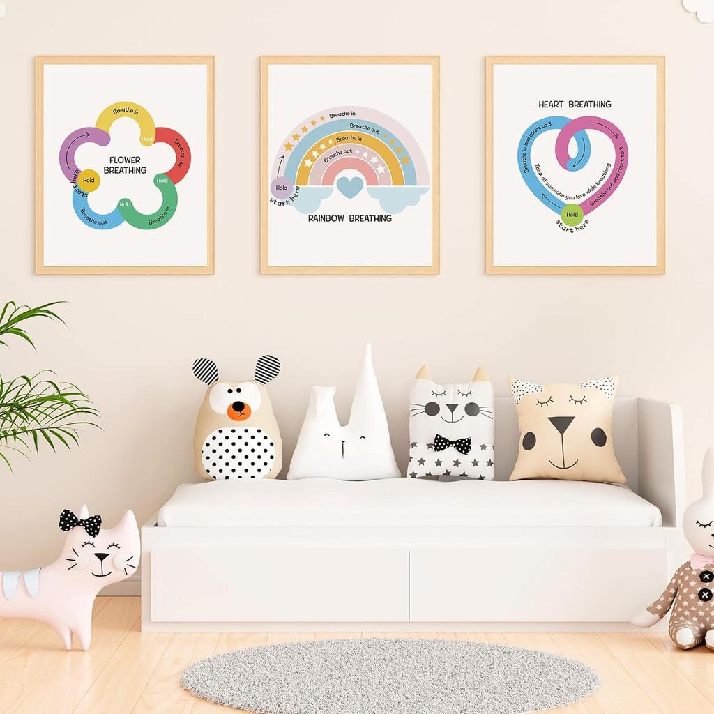 Geyee 9 Pcs Classroom Breathing Posters Calming Corner Posters Mindfulness Therapy Office Decor Calm Down Supplies Feelings Chart for Kids