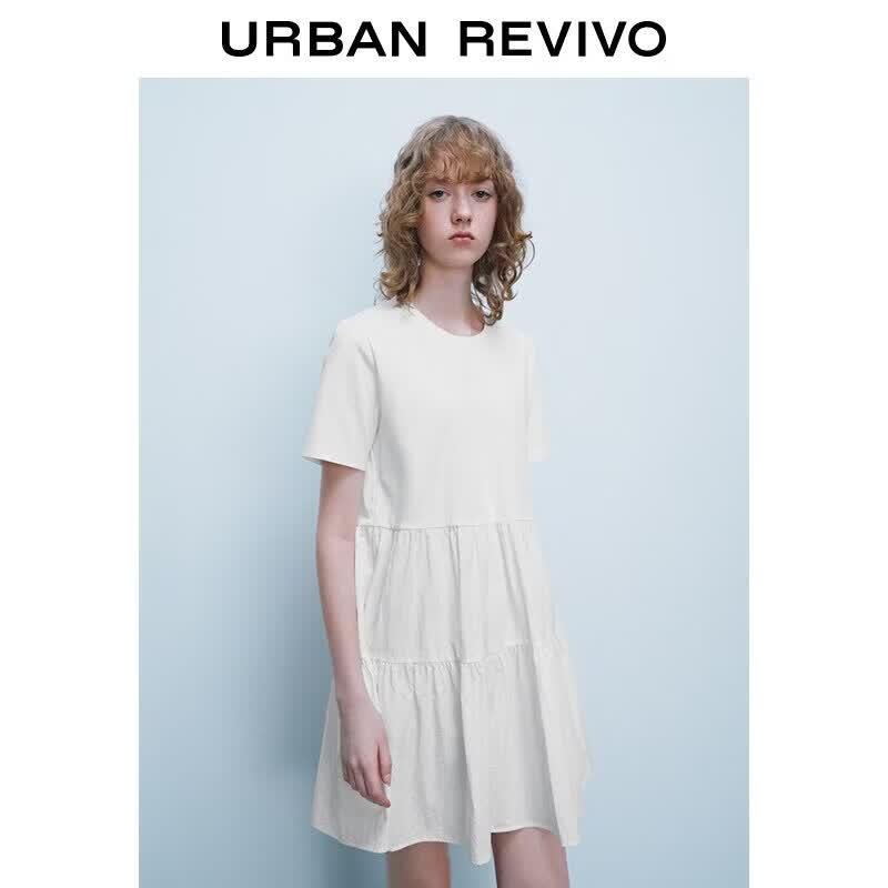UR2026 Women s Casual Pleated Round Neck Patchwork Dress M