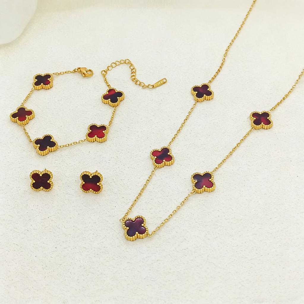 3PCS Double-sided Fritillary Titanium Steel Four-leaf Clover Five-flower Bracelet, Five-flower Necklace & Earring Set Gift