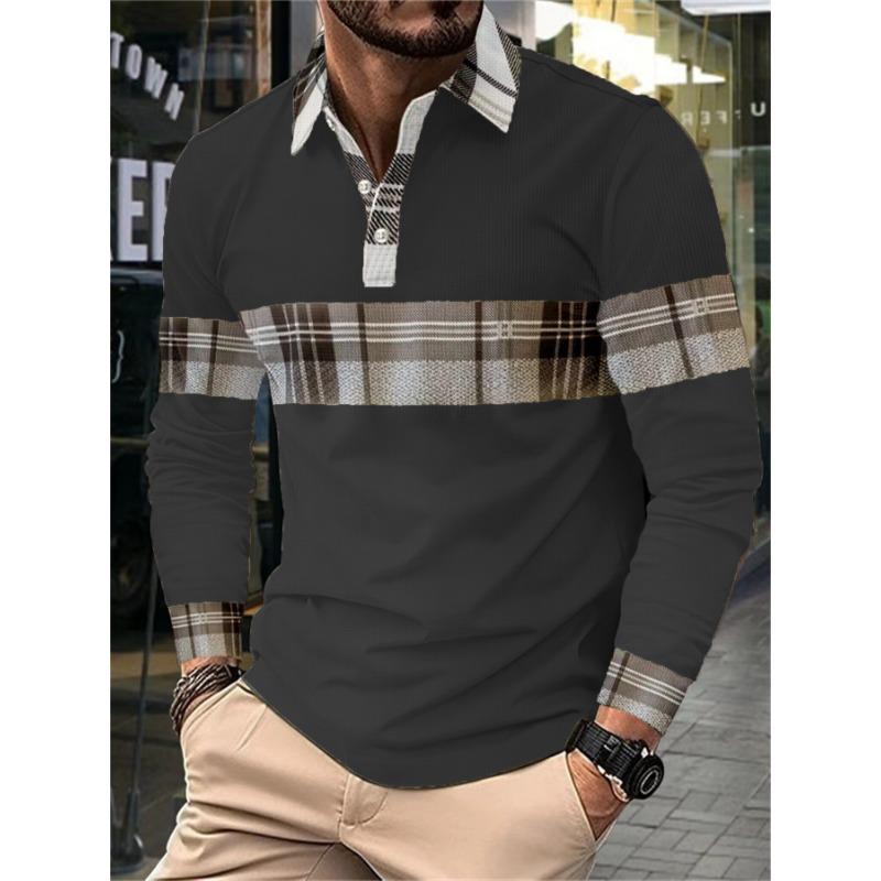 New Men's Casual Polo Shirt Long-Sleeved Colour-Blocked Checkered Button-Down Waffle-Weave Print Long-Sleeved Top