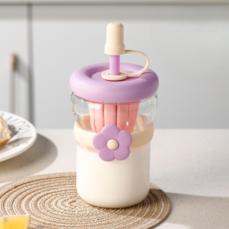 

Summer Simple Flower Cup with Straw Coffee Cup Girls Glass Water Cup 401-500ml фіолетовий