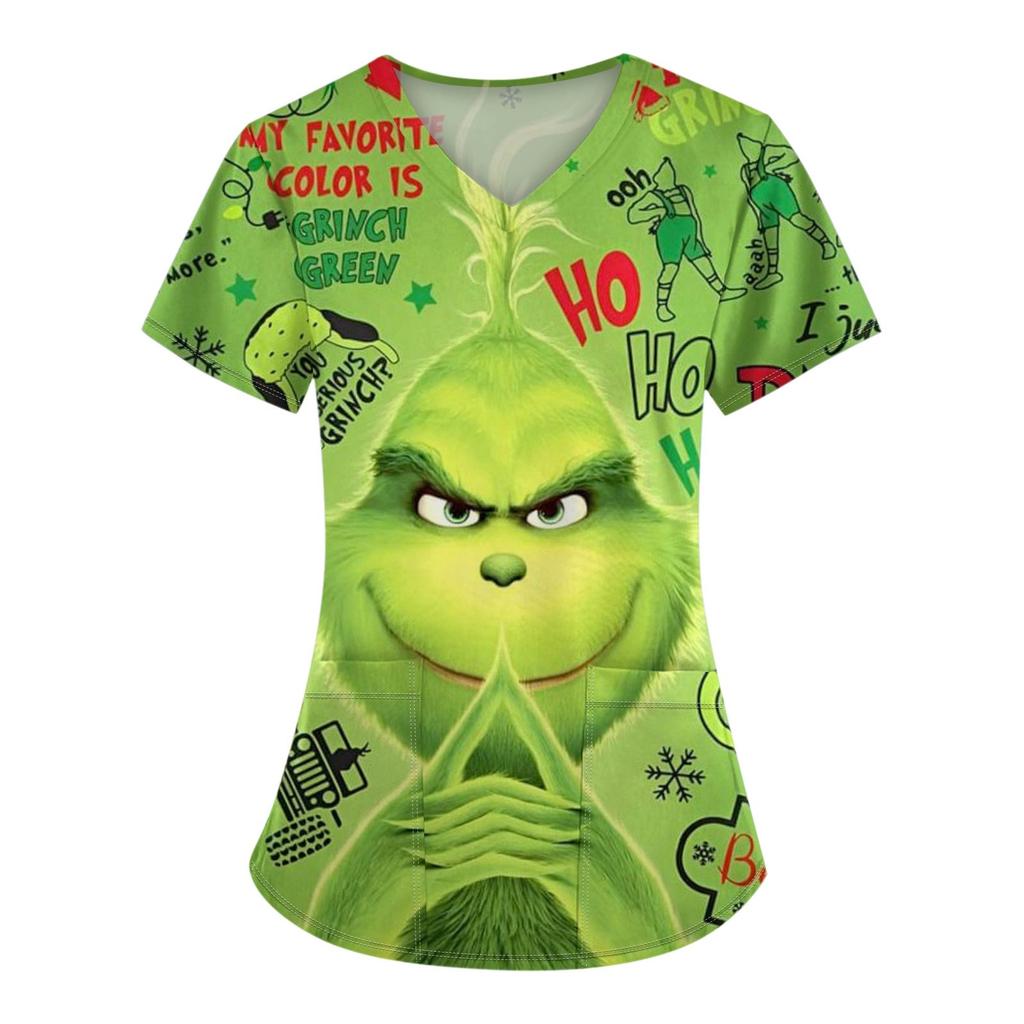 Women's Fashion Printed Short Sleeve V Neck Pattern Tops Pocket Working T-shirts