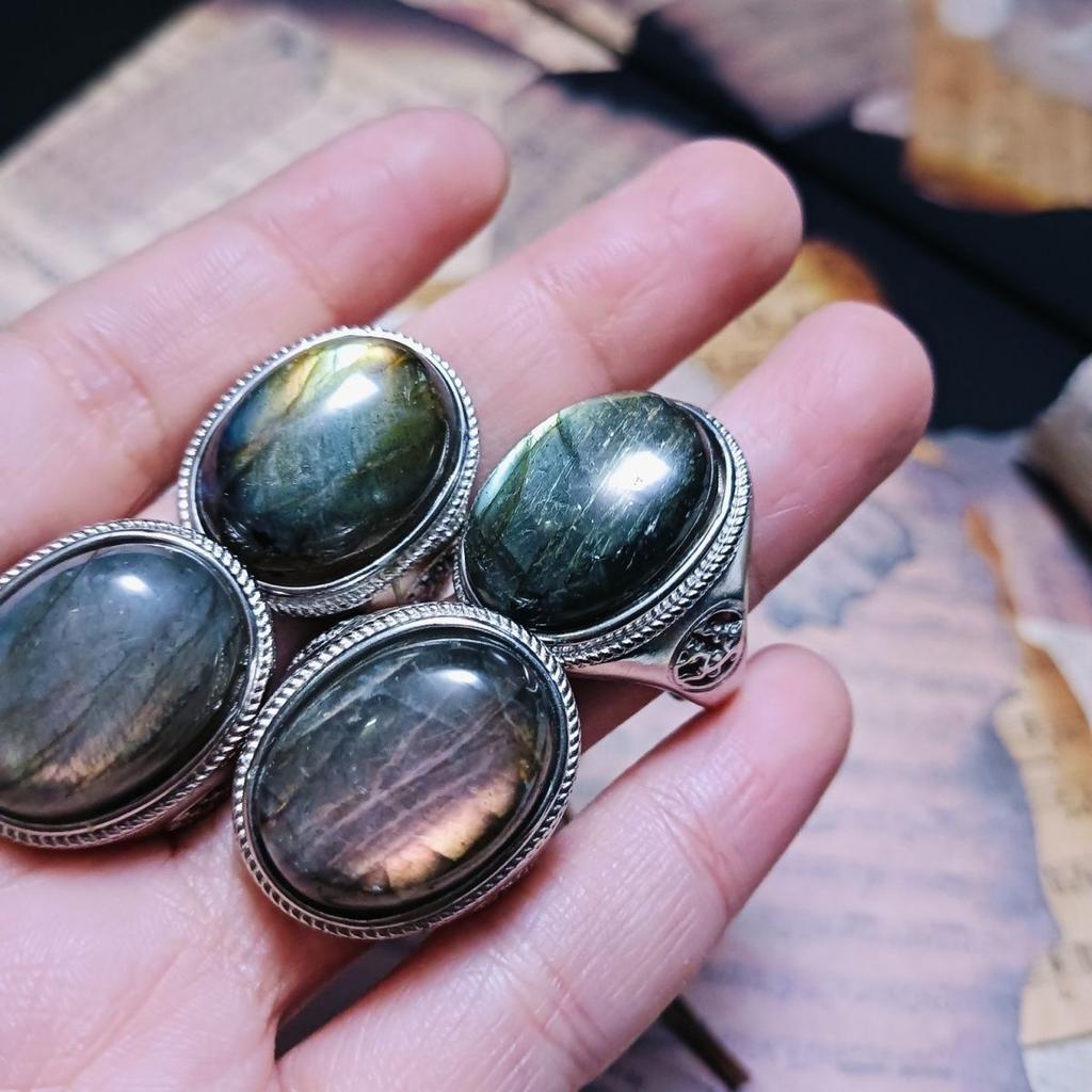 Moonstone Ring Men's Inlaid Stainless Stone Pattern Finger Ring Handmade Retro Couple Style Valentine's Day Gift