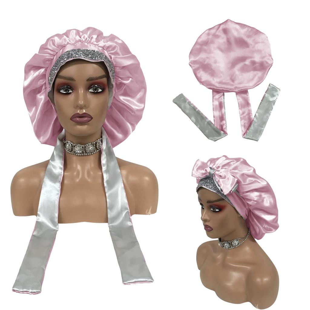 Double Layer Sleeping Bonnet with Diamond Silk Designer Bonnets with Long Tie Satin Hair Bonnet