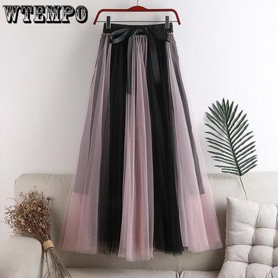 WTEMPO Woman High Waist Elastic Summer Breathable Lady Elegant Pure Color Matching Skirt Fashion Casual Tulle Skirt