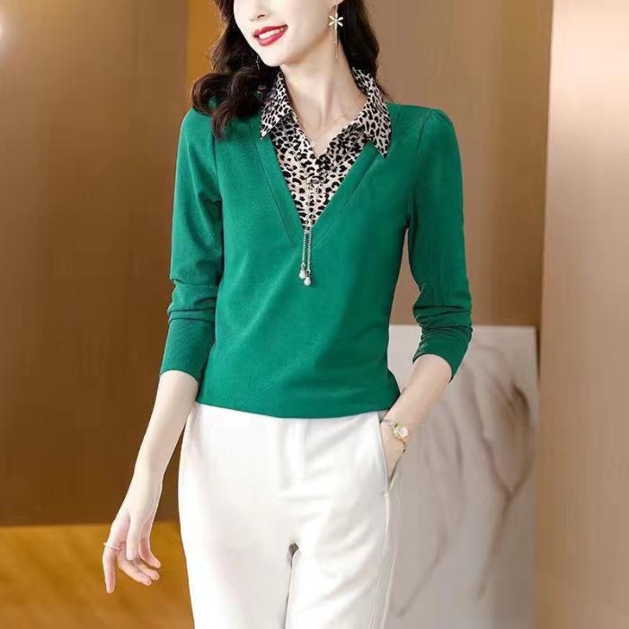 New Fashionable T-shirt for Women's Fake Two-piece Tops Long-sleeved Mother Spring and Autumn Clothes T-shirt Small Shirt Large Size Base Shirt