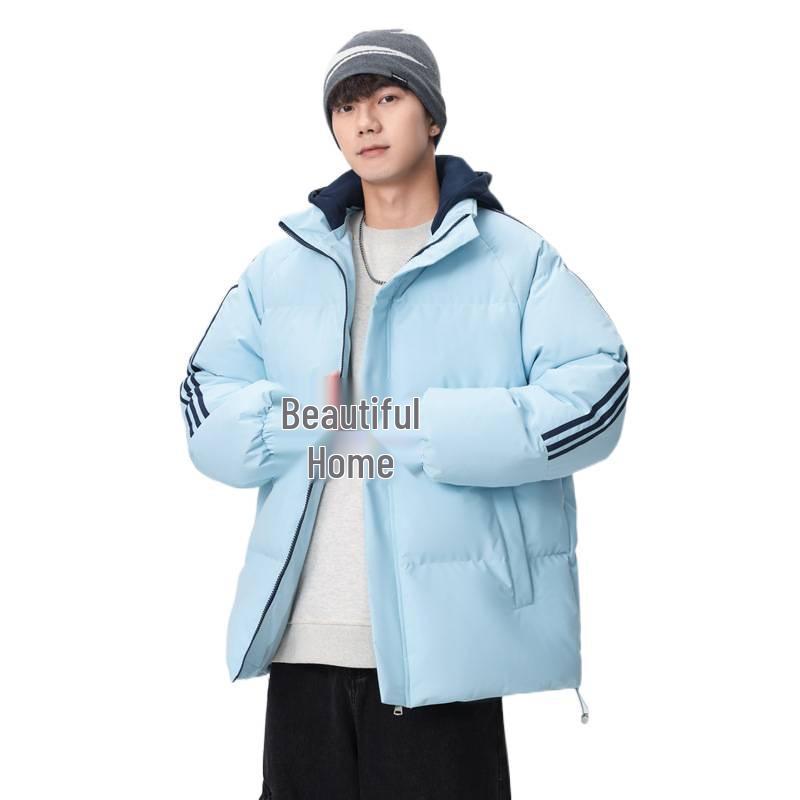 Men's 2025 Winter Casual Hooded Cotton Jacket - Fake Two-Piece Design with Three Stripes, Thick and Warm Padding.