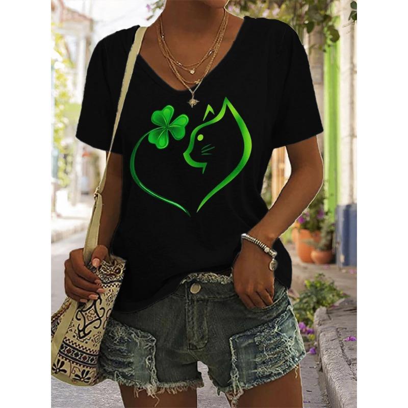 Summer V-neck 3D Printed Top Fashionable Casual Short Sleeved Women's T-shirts