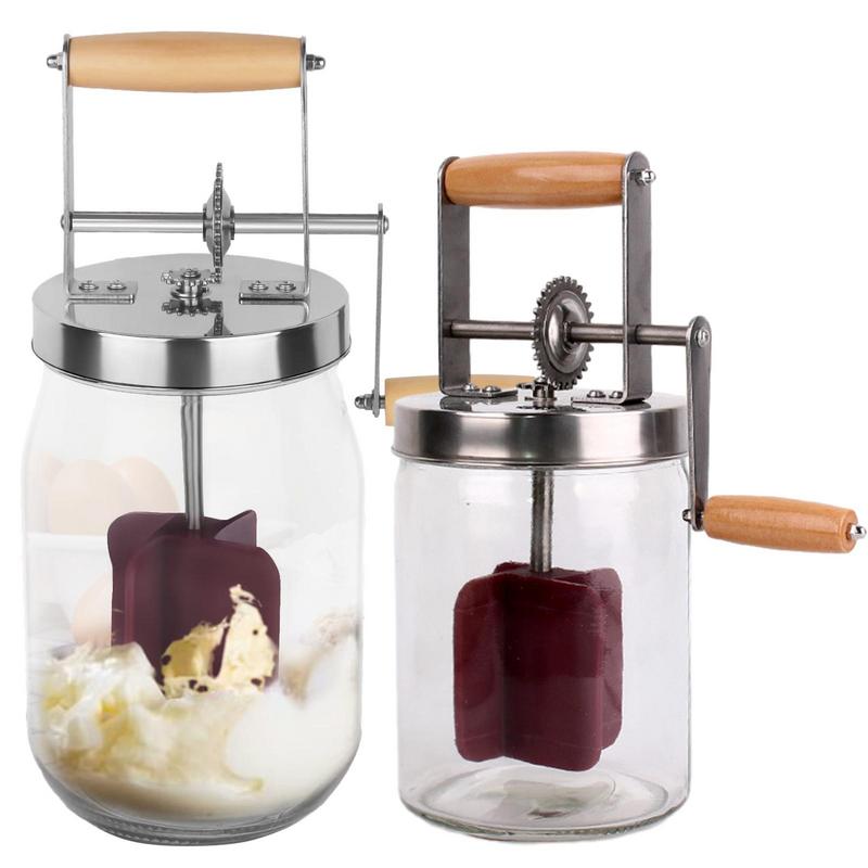 Zangolatrice Manuale per Burro 1L/1.5L Manico in Legno Ingranaggio in Acciaio Inossidabile Fabbricatore di Burro Mixer per Panna Manovella Barattolo d