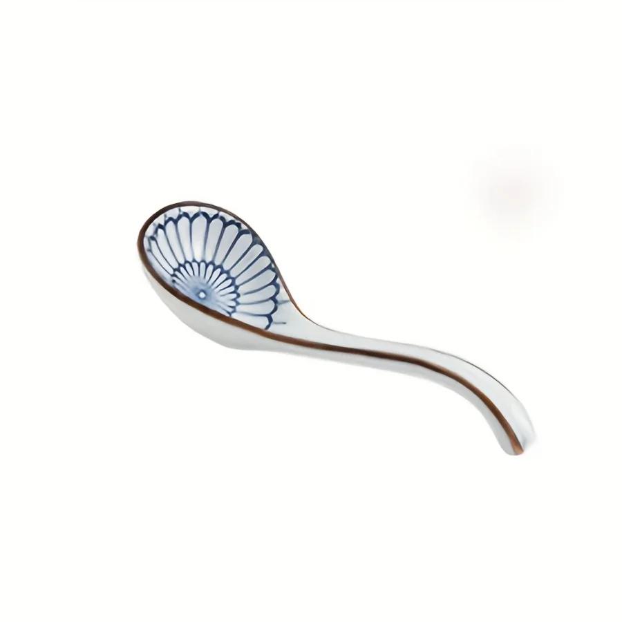 Ceramic Spoons, Long Handle, Easy To Grip, Non-slip Bottom, Suitable for Japanese Ramen, Chinese-Vietnamese Wonton, Noodle Spoon