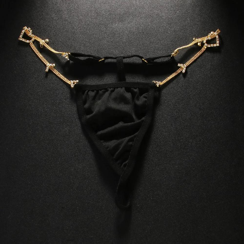 

Sexy Metal Bead Chain Rhinestone Hollow Heart Thong Women Black Cloth Panties Body Chain Thong Bikini Waist Jewelry Accessories