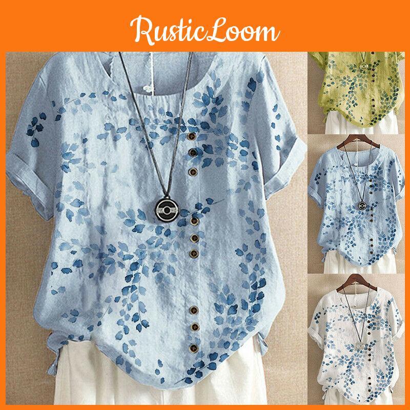 Ladies' Plus Size Floral Print Top Made From Soft Breathable Cotton Linen