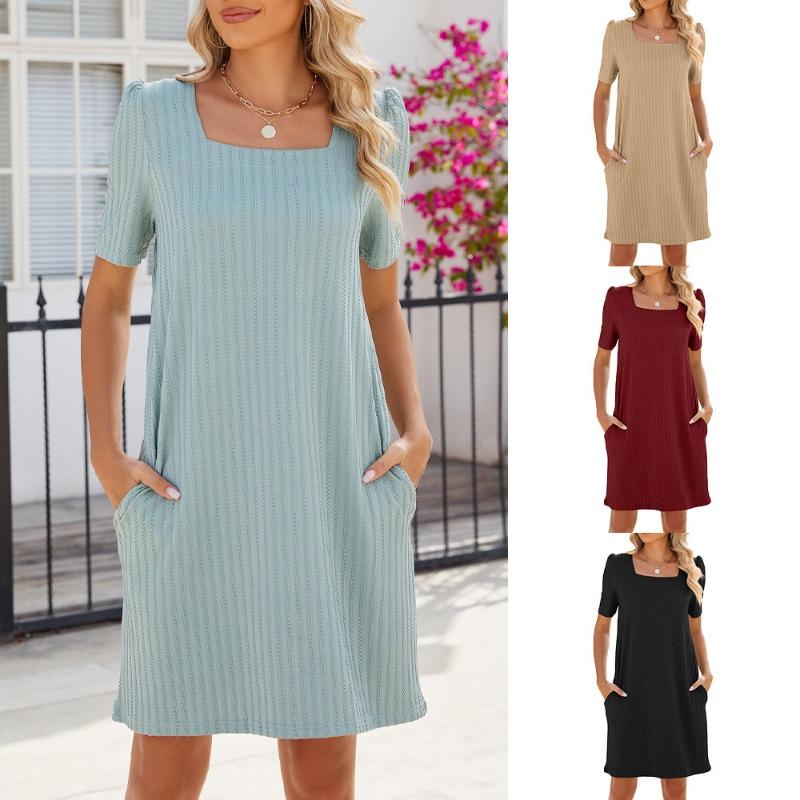 Women's Summer Square Collar Short Sleeve Pocket Solid Color Dress