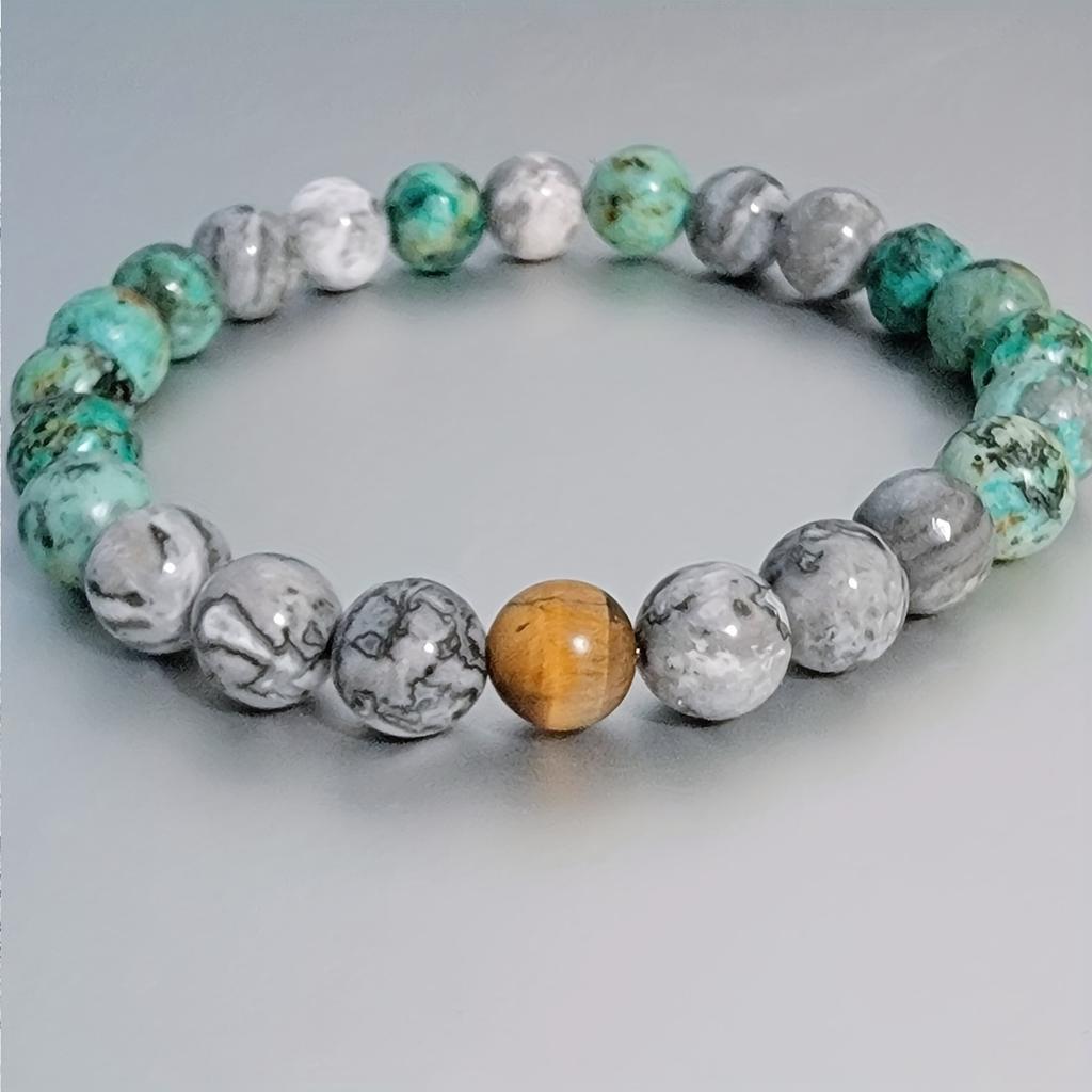 1pc/calming Mind Natural Stone Map stone/African Turquoise/tiger Eye Stone Beaded Elastic Bracelet for Men and Women Soothing