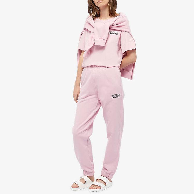 Ganni Ss22 Logo Embroidered Solid Color Round Neck Short Sleeve T-Shirt Women tops Pink T2917-465
