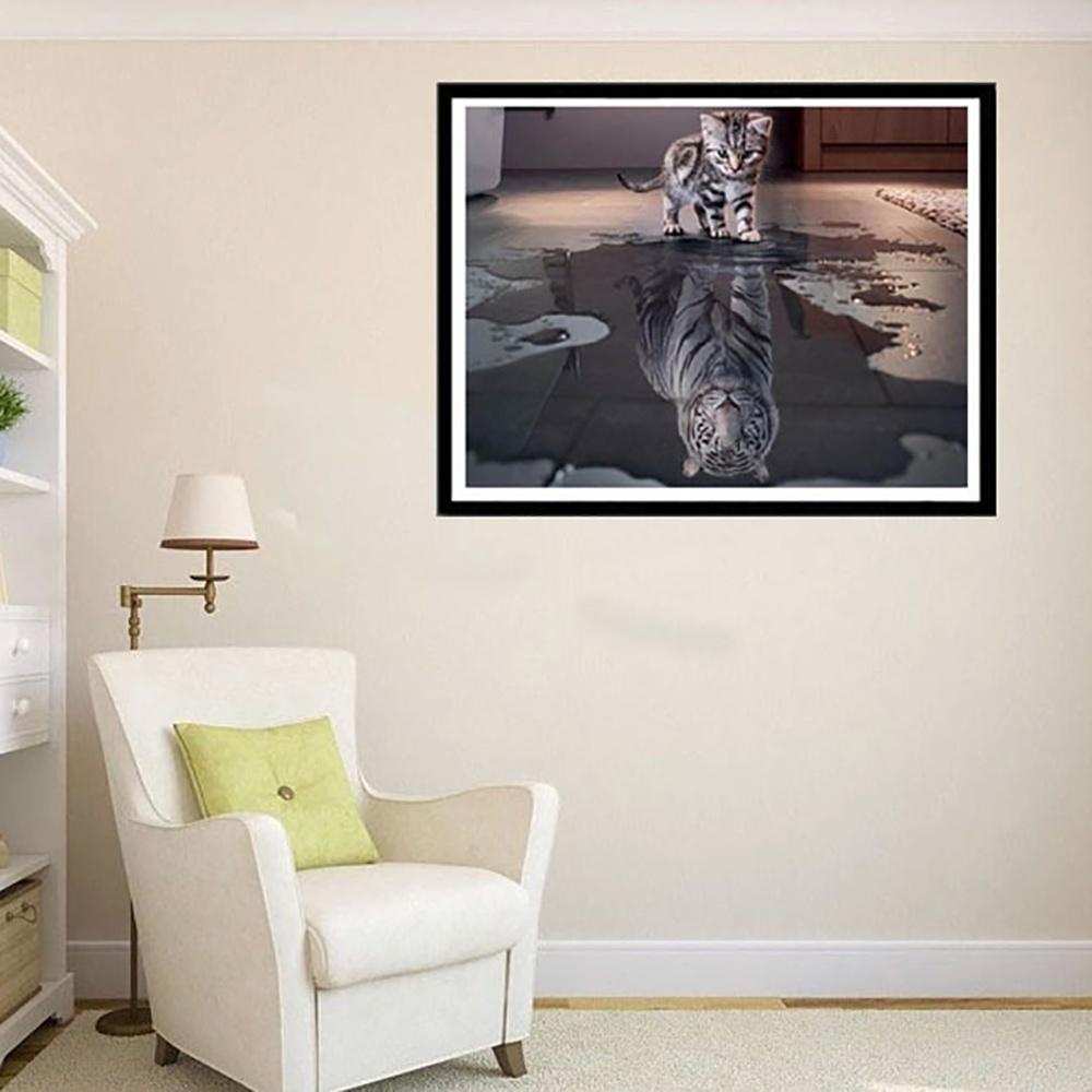 5D Diamantová DIY Křížková Výšivka Kočka a Tygr Odrazy Domácí Dekorace Malba Pozadí Nástěnné Umění W