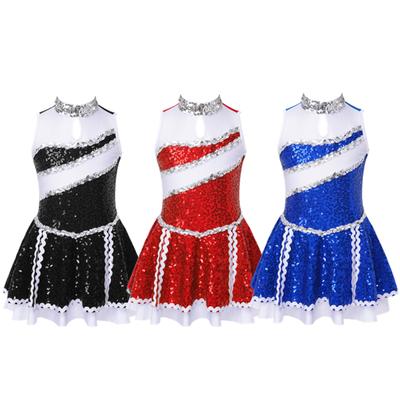 Mädchen Cheerleading Tanzkostüm Ärmellos Glänzende Pailletten Patchwork-Stil Unsichtbarer Reißverschluss hinten Kleid