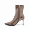 61Oniiii Ken Bean Style, Temperament Oil Wax Soft Leather Pointed High Heel Short Boots Women's Autumn Thin Heel Side Zipper Bare Boots
