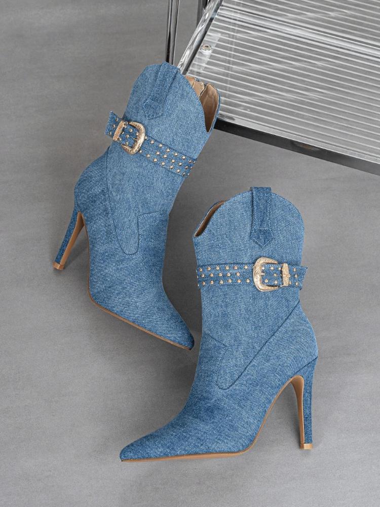 Fashion Blue Denim Pointed Toe Women's High-heeled Ankle Boots Fashion Metal Rivet Buckle Designer Shoes Sexy Side-zip Botas Para Mujer