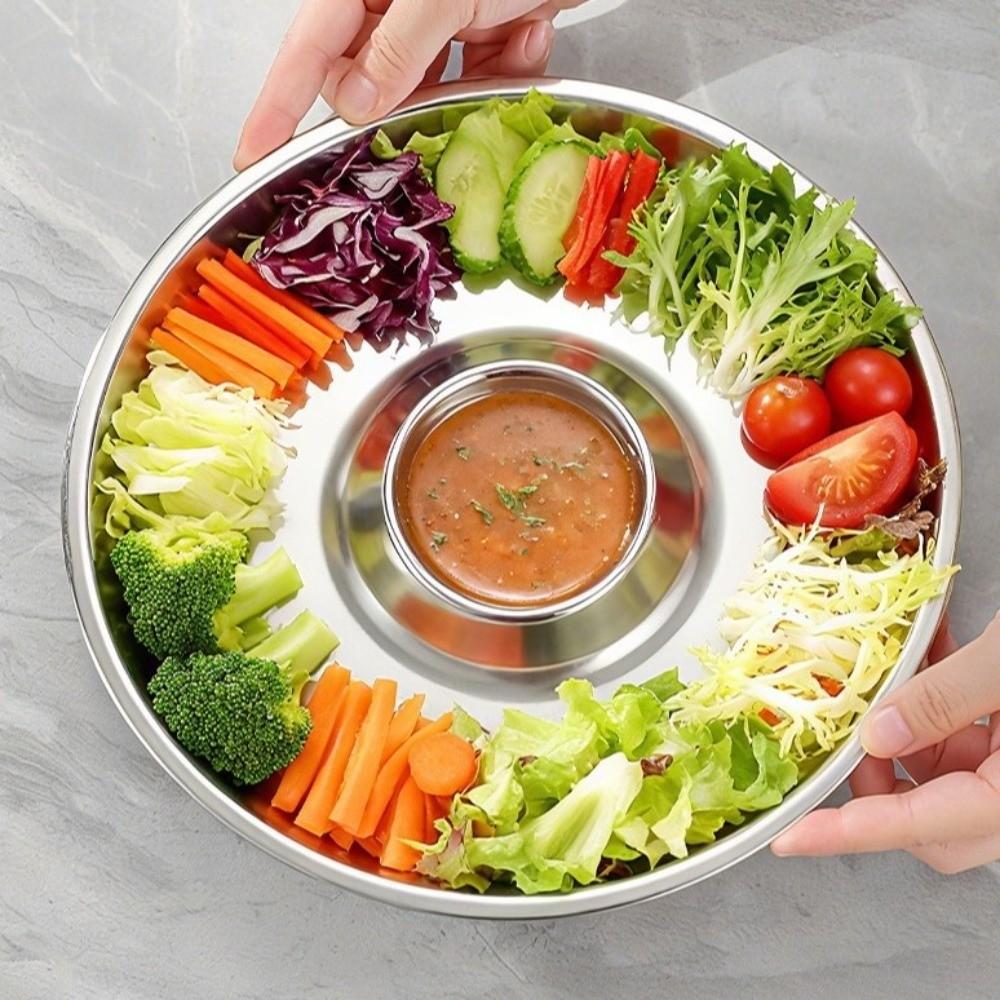 Salad Plate Stainless Steel Dumpling Plate Circular Shape Drop-proof Snack Plate Convenient Tableware Seasoning Platter Fruit