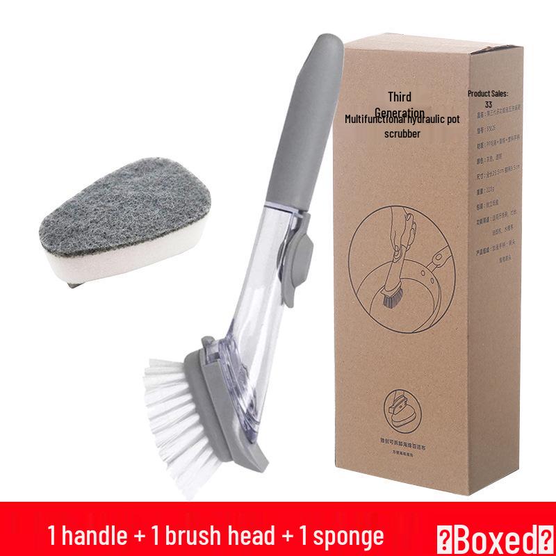 Multifunctional Long-Handle Hydraulic Pot Brush with Liquid Dispenser for Non-Stick Dishwashing
