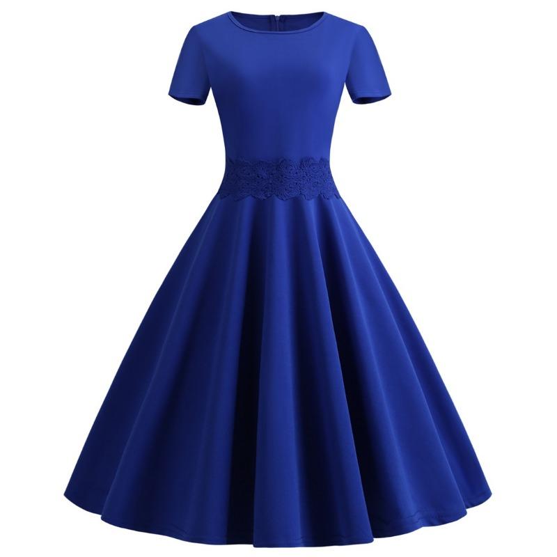 

Ретро женская одежда круглый вырез короткий рукав однотонное платье-свинг талия кружевная отделка декоративное облегающее платье M