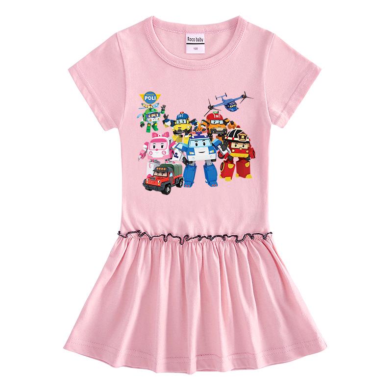 Summer Cartoon Raglan Color Block Short Sleeve Pleated Dress for Girls