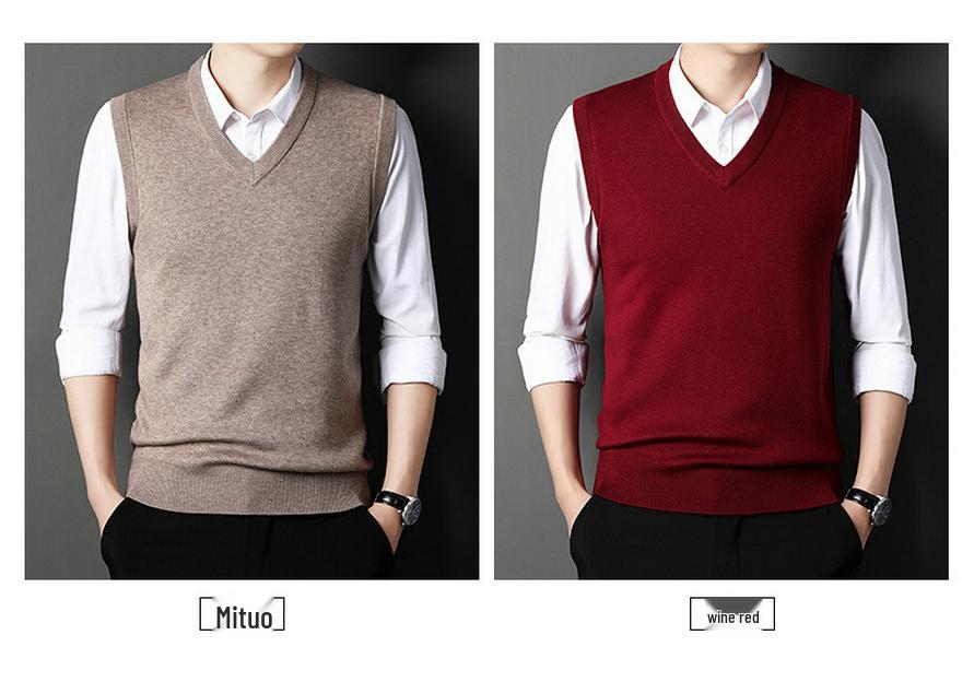 Men's Autumn/Winter V-Neck Wool Knit Vest - Solid Color Sleeveless Knitwear for Middle-Aged Men