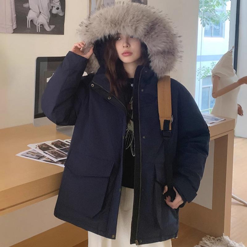 Tooling Parker cotton clothes women's winter design sense medium and long hooded big fur collar thickened loose cotton coat