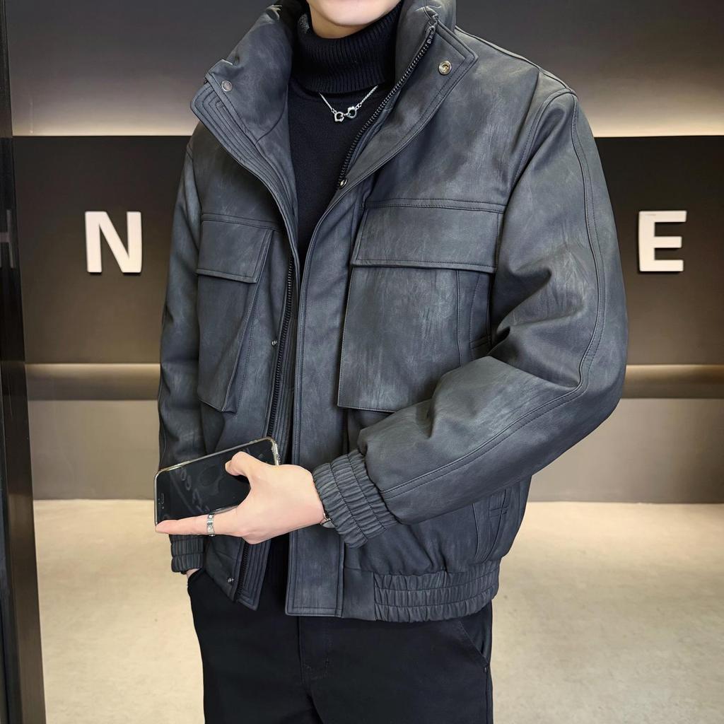Men's 2025 Lightweight Leather Down Jacket: Stylish Short Winter Coat with Thick Stand Collar for Youth.