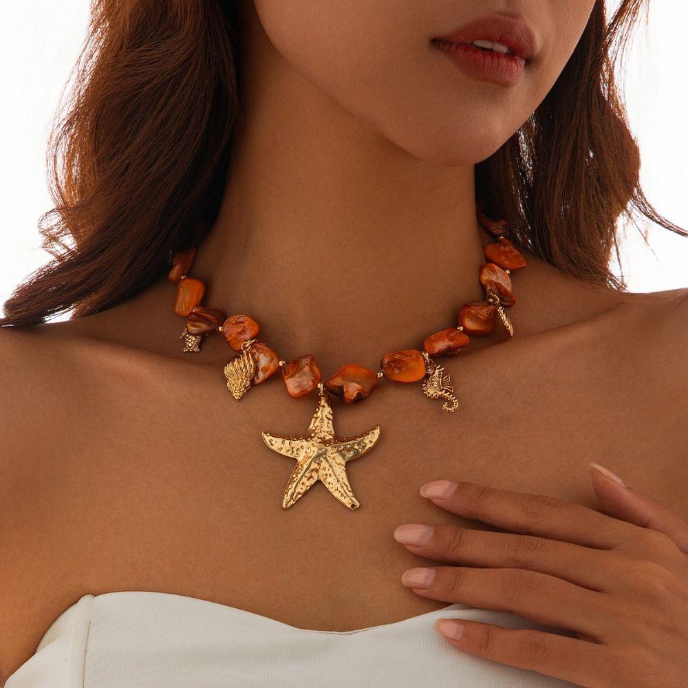 Starfish Conch Pendant Irregular Chain Necklace Bohemian Jewelry  Summer Beach Vacation