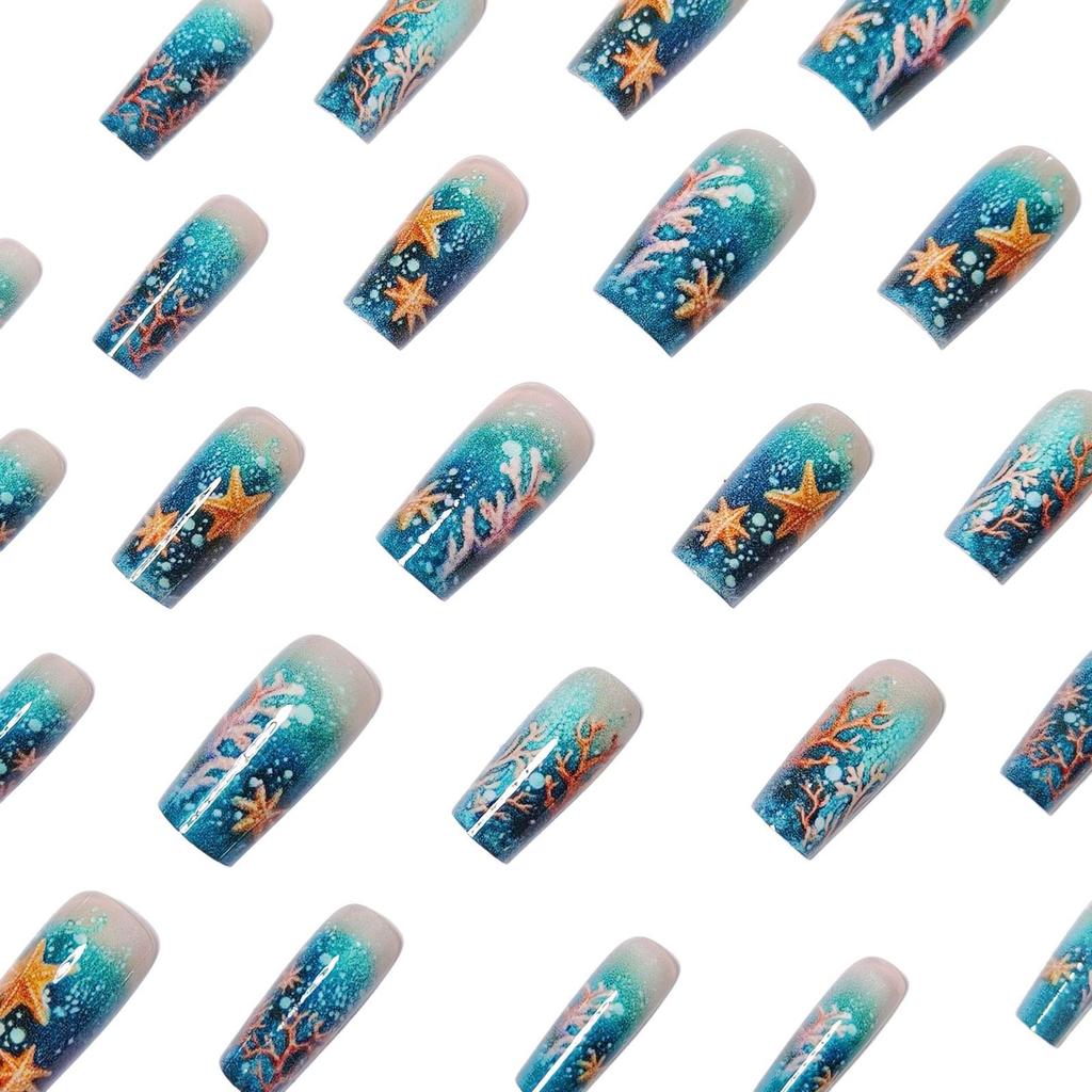 Elegant Glossy Dark Blue Starfish Nail Art Stickers - 24 Medium-Length Wearable False Nails