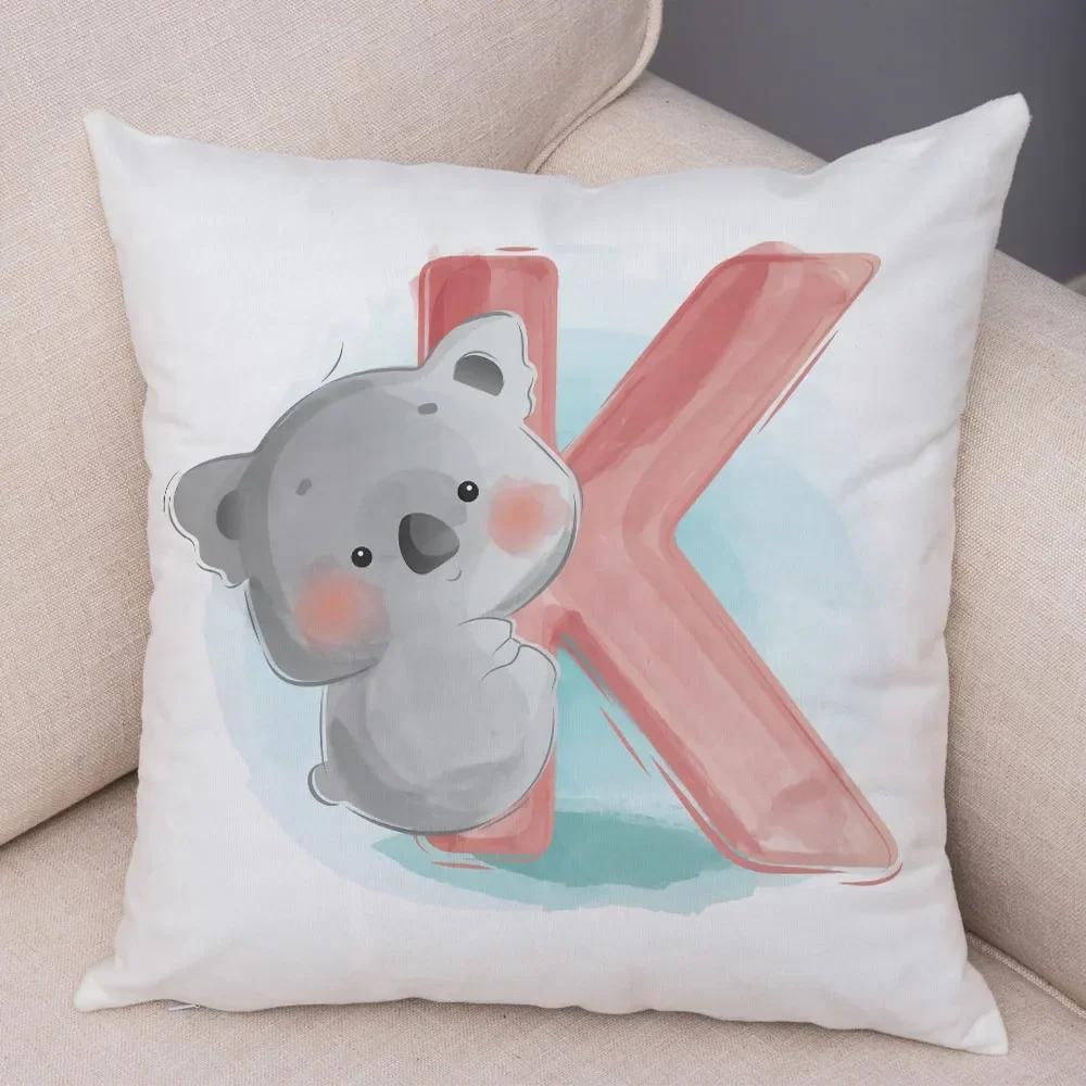 Cute Cartoon Cushion Cover Water Color English Letter Print Pillow Case Soft Animal Print Pillowcase For Children Room Decor
