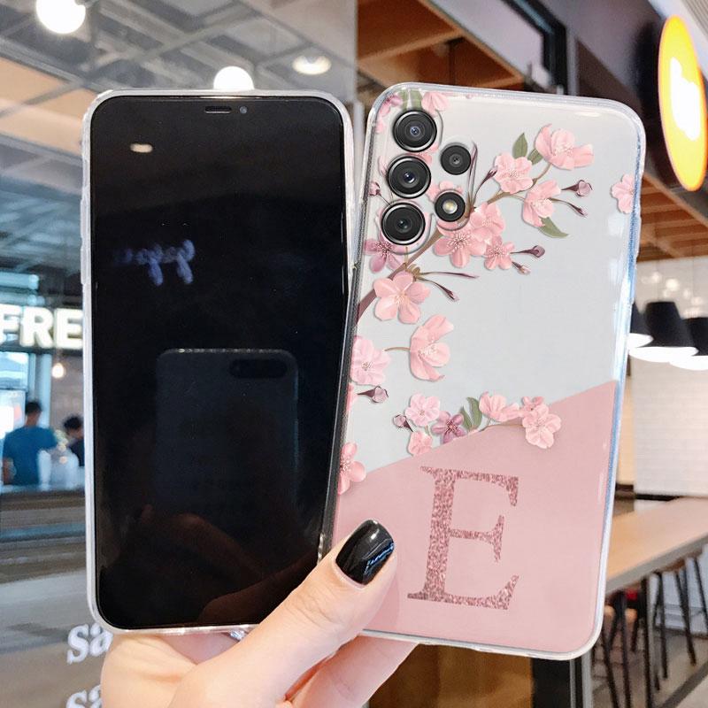 Initial Letter Case For Samsung A32 A22 A12 A13 A33 Capa Fashion Phone Cover Pink Flowers Alphabet Transparent Clear Back Funda