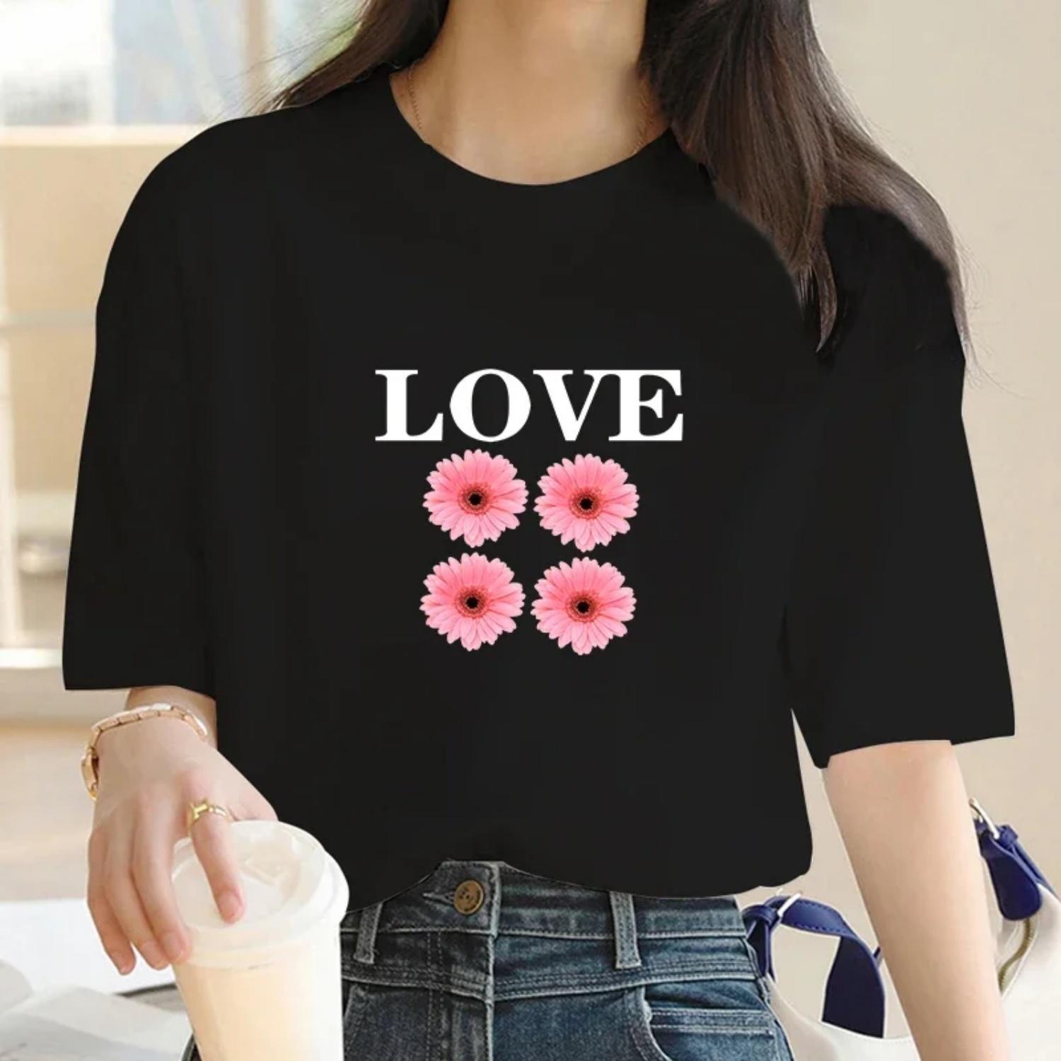 New Super Luxury Flower Love T-shirt Women s Summer Leisure T-shirt Women s Street Clothing Short sleeved T-shirt S чёрный