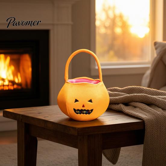 Pumpkin Decor for Kids Halloween Candy Bags Kids, Reusable Trick or Treat Gift Baskets Bucket, Cute Handbag with Handle Party Favors Portable Storage