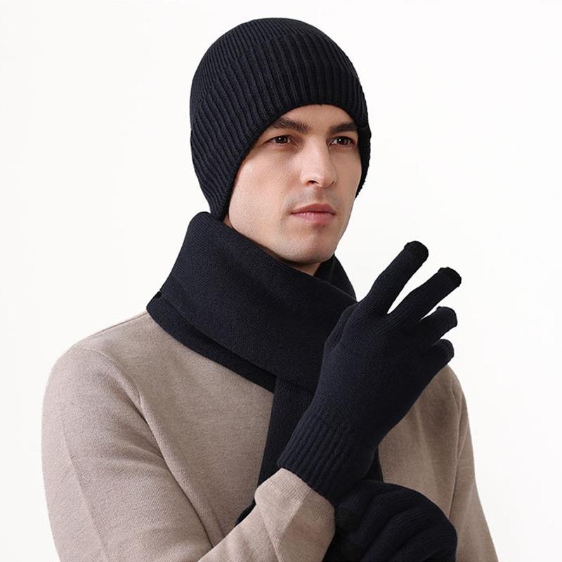 Thick Velvet Warm Windproof Three-Piece Set Big Head Circumference Knitted Hat Long Scarf Touch Screen Gloves