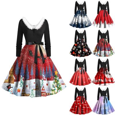 Vestido feminino vintage de manga comprida estampa de natal anos 1950 dona de casa festa à noite baile