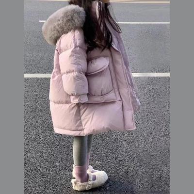 Dziewczęca zimowa kurtka pikowana z dużym futrzanym kołnierzem, pogrubiona kurtka pikowana z kapturem, dziecięca kurtka pikowana średniej długości, ciepła kurtka