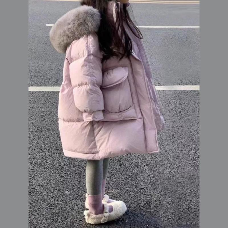 

Зимняя стеганая куртка для девочек с большим меховым воротником, Толстая стеганая куртка с капюшоном, Детская стеганая куртка средней длины, Теплая куртка 150 светло-фиолетовый