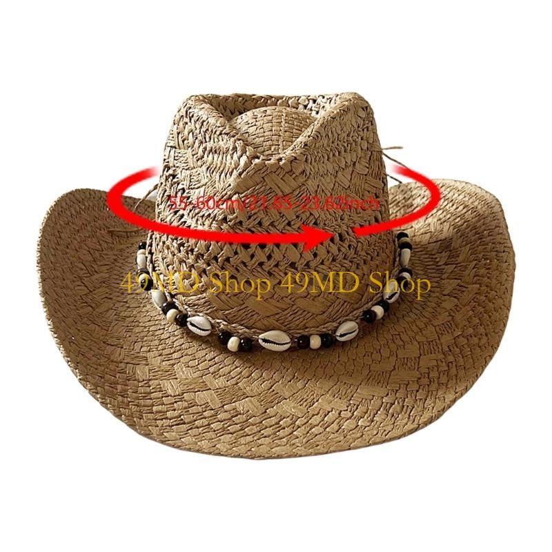 49MD Handwoven Straw Hat Sun Protective Hat Roll Brim Straw Hat with Seashells Belt